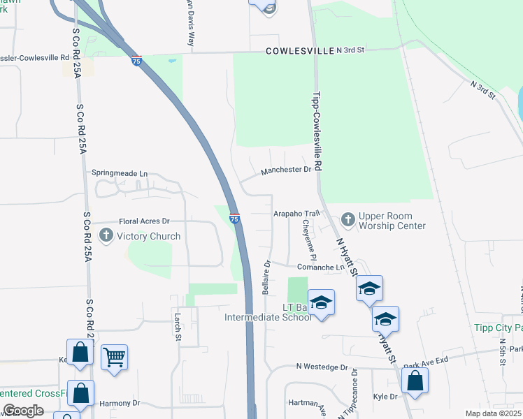 map of restaurants, bars, coffee shops, grocery stores, and more near 1007 Arapaho Trail in Tipp City
