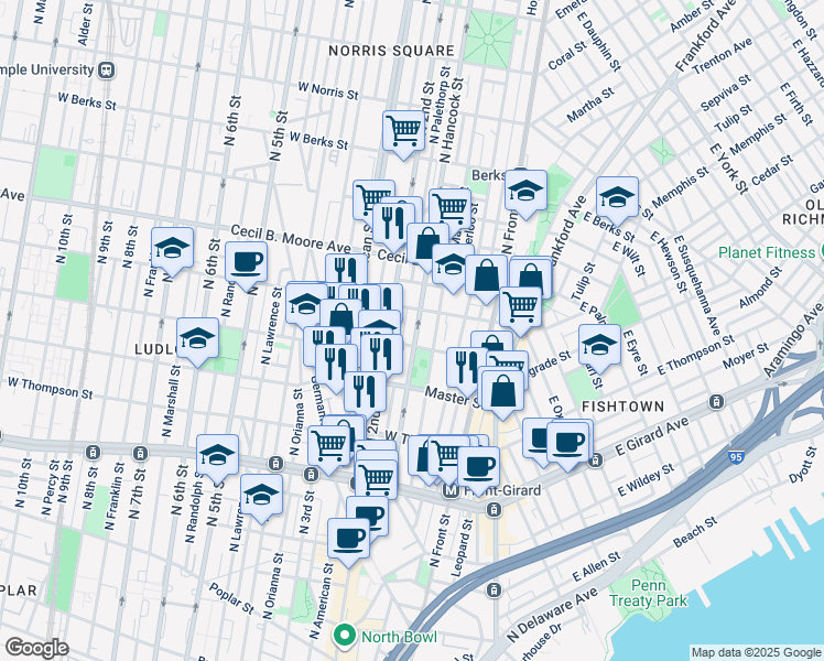 map of restaurants, bars, coffee shops, grocery stores, and more near 1516 North Hancock Street in Philadelphia