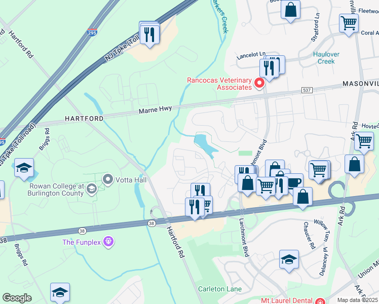 map of restaurants, bars, coffee shops, grocery stores, and more near 2532 Sussex Court in Mount Laurel