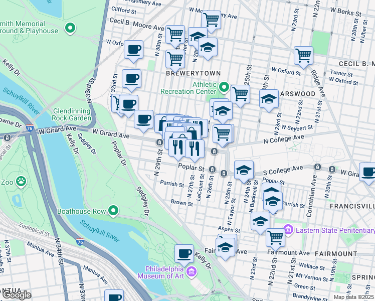 map of restaurants, bars, coffee shops, grocery stores, and more near 2731 West Harper Street in Philadelphia
