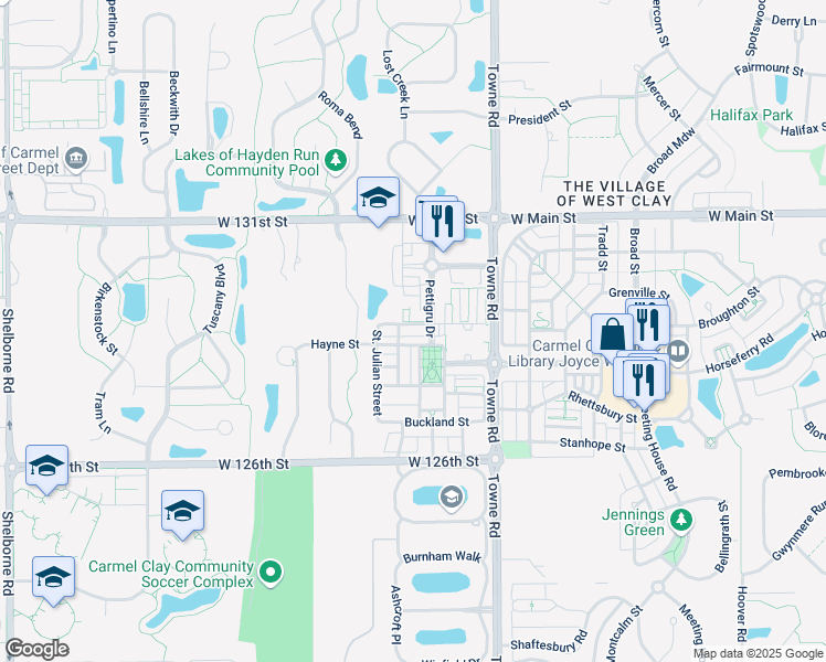 map of restaurants, bars, coffee shops, grocery stores, and more near 2575 Manigualt Street in Carmel