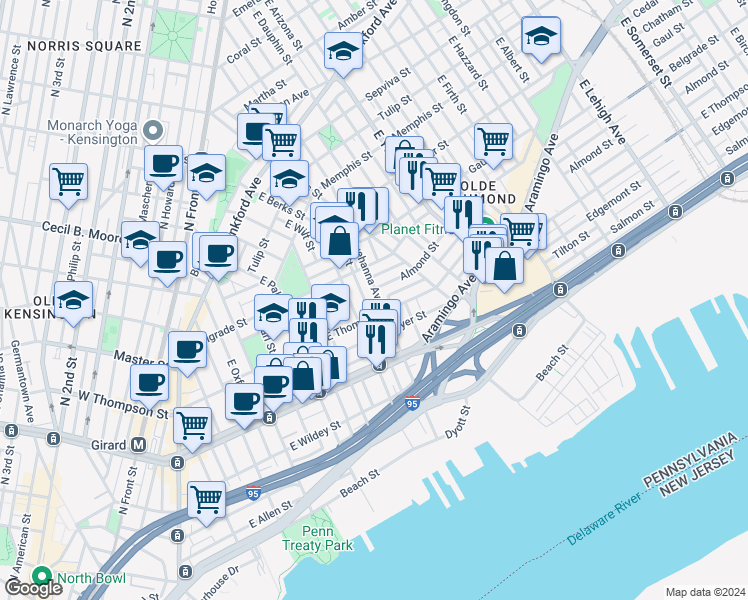 map of restaurants, bars, coffee shops, grocery stores, and more near 1316 East Susquehanna Avenue in Philadelphia