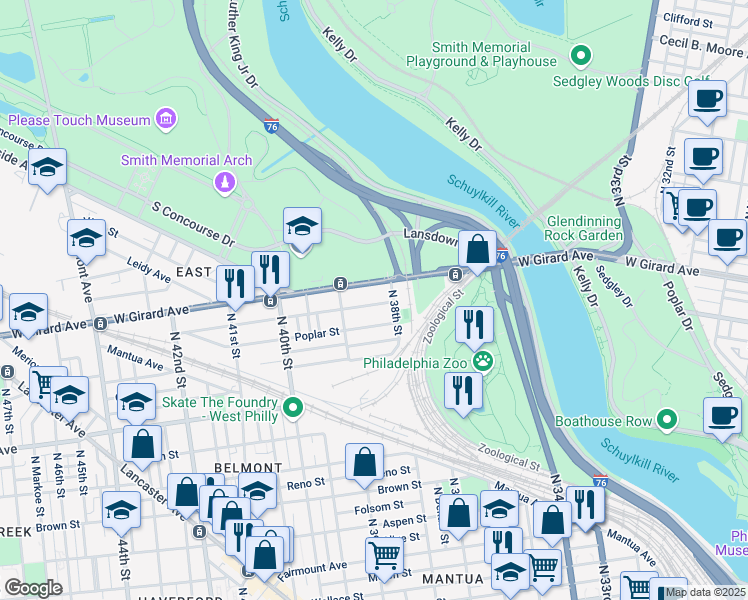 map of restaurants, bars, coffee shops, grocery stores, and more near 3825 Cambridge Street in Philadelphia