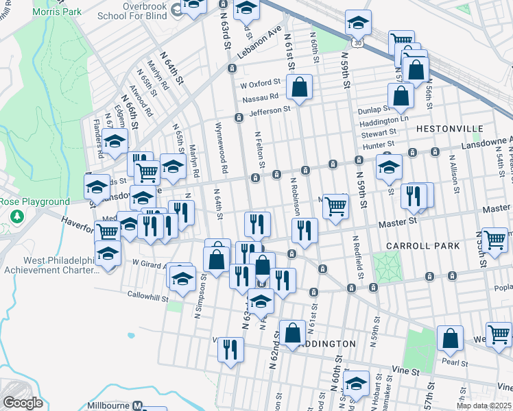 map of restaurants, bars, coffee shops, grocery stores, and more near 703 North 63rd Street in Philadelphia