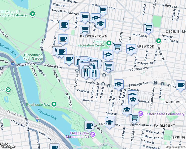 map of restaurants, bars, coffee shops, grocery stores, and more near 2708 West Girard Avenue in Philadelphia