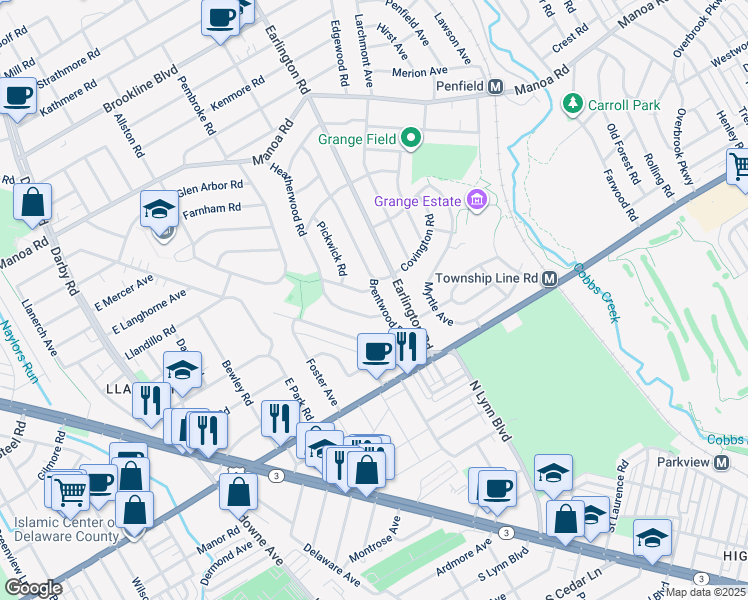 map of restaurants, bars, coffee shops, grocery stores, and more near 122 Brentwood Road in Havertown