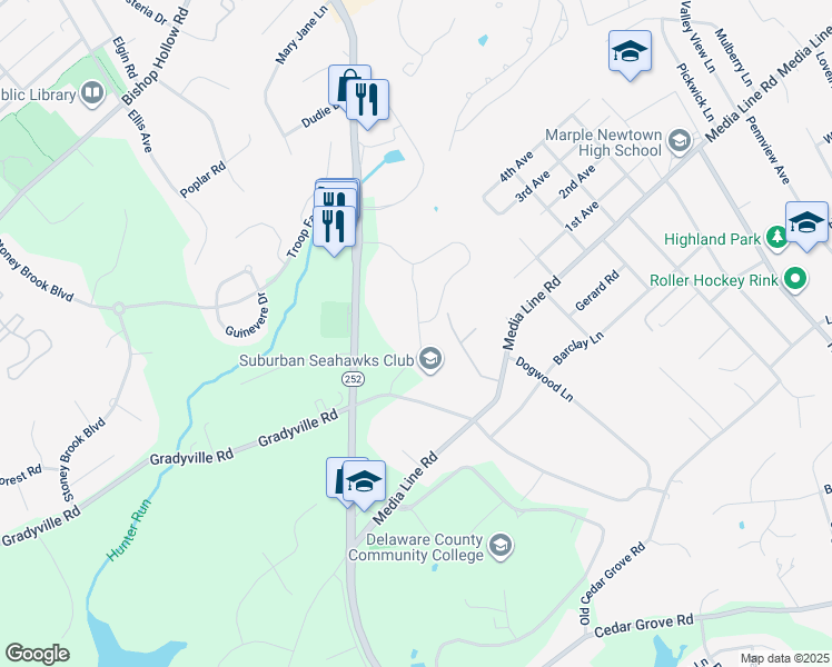 map of restaurants, bars, coffee shops, grocery stores, and more near 242 Clermont Drive in Newtown Square