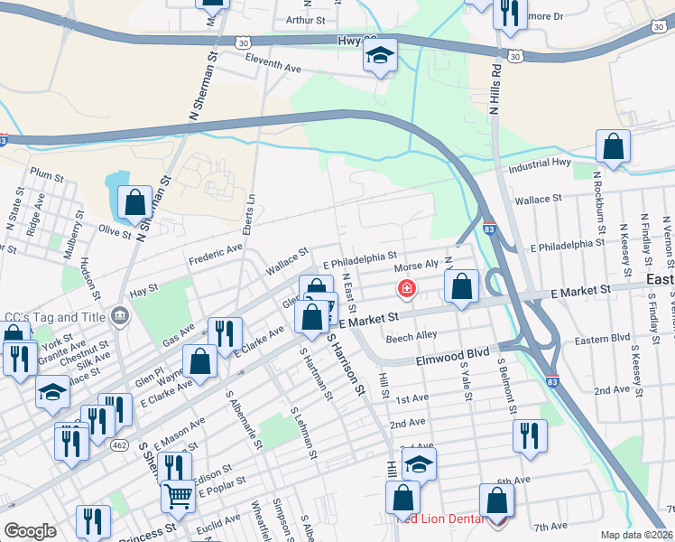 map of restaurants, bars, coffee shops, grocery stores, and more near 56 North East Street in York