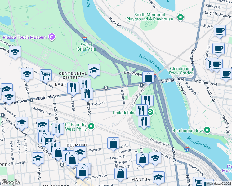 map of restaurants, bars, coffee shops, grocery stores, and more near 3856 Cambridge Street in Philadelphia