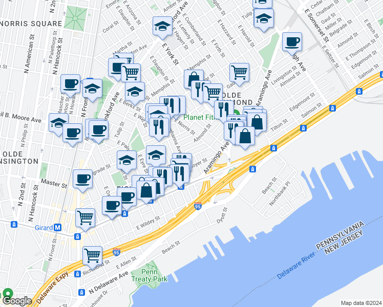 map of restaurants, bars, coffee shops, grocery stores, and more near 821 East Thompson Street in Philadelphia