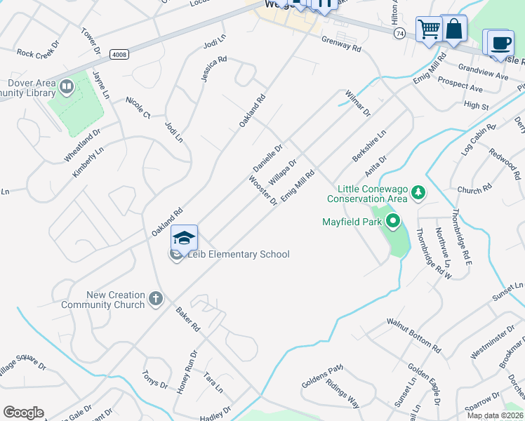 map of restaurants, bars, coffee shops, grocery stores, and more near 2713 Emig Mill Road in Dover