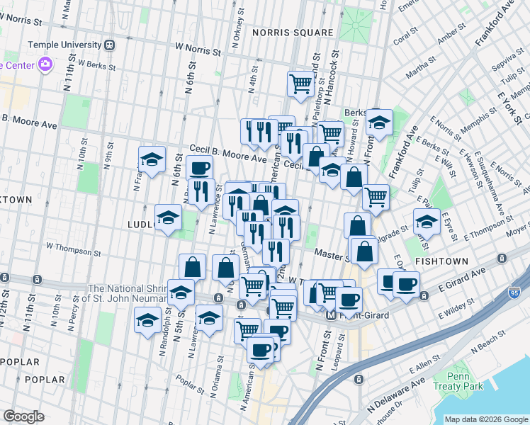 map of restaurants, bars, coffee shops, grocery stores, and more near in Philadelphia