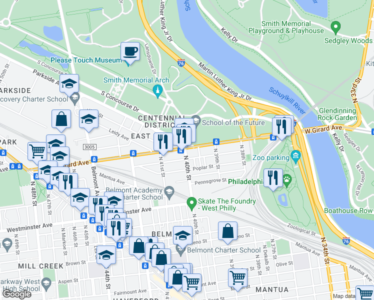 map of restaurants, bars, coffee shops, grocery stores, and more near 3962 West Girard Avenue in Philadelphia