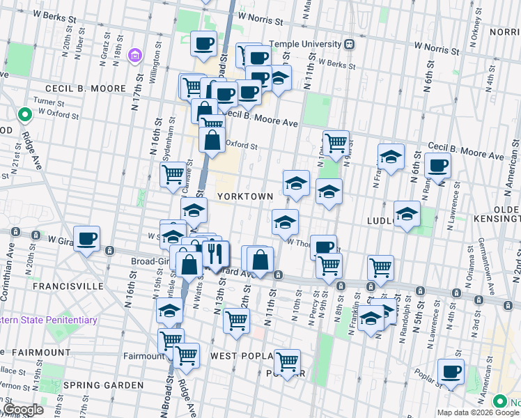 map of restaurants, bars, coffee shops, grocery stores, and more near N 12th St & W Master St in Philadelphia