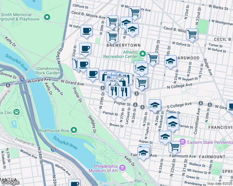 map of restaurants, bars, coffee shops, grocery stores, and more near 2747 West Harper Street in Philadelphia