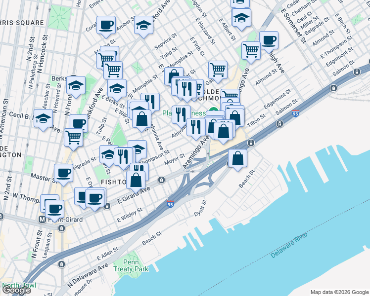map of restaurants, bars, coffee shops, grocery stores, and more near 1237 East Fletcher Street in Philadelphia