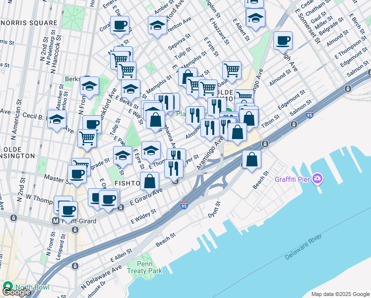 map of restaurants, bars, coffee shops, grocery stores, and more near 821 East Thompson Street in Philadelphia
