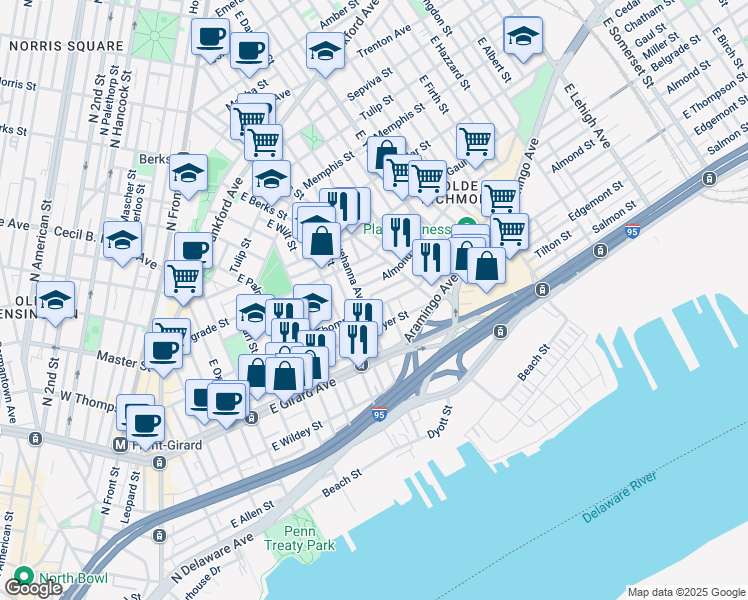 map of restaurants, bars, coffee shops, grocery stores, and more near 721 East Thompson Street in Philadelphia