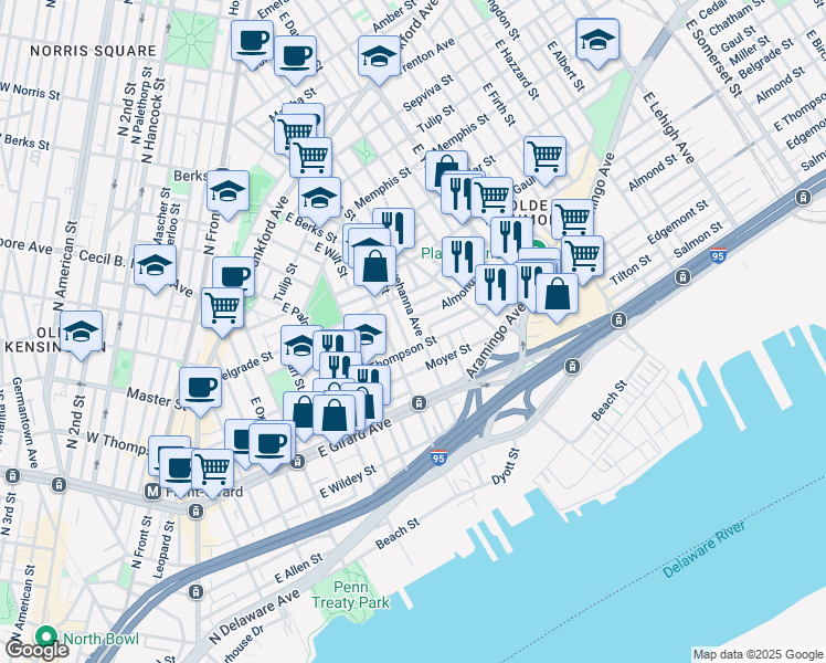map of restaurants, bars, coffee shops, grocery stores, and more near 1316 East Susquehanna Avenue in Philadelphia