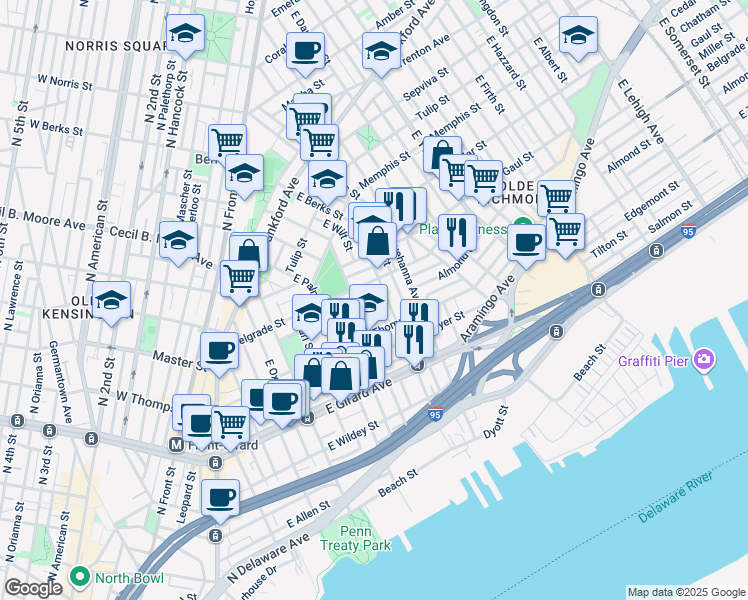 map of restaurants, bars, coffee shops, grocery stores, and more near 1342 East Berks Street in Philadelphia