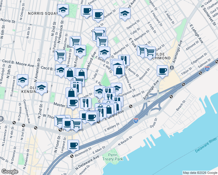 map of restaurants, bars, coffee shops, grocery stores, and more near 1339 East Eyre Street in Philadelphia