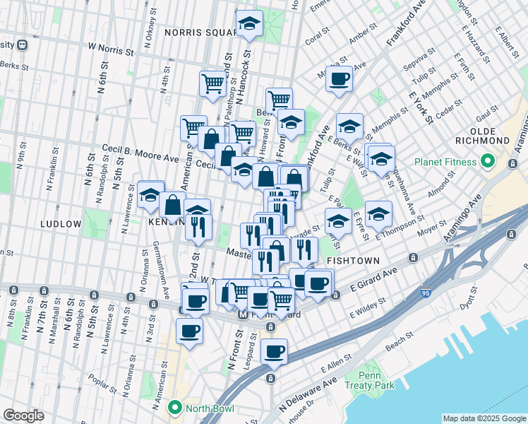 map of restaurants, bars, coffee shops, grocery stores, and more near 100 West Oxford Street in Philadelphia
