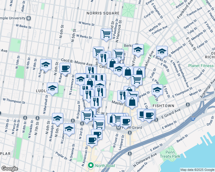 map of restaurants, bars, coffee shops, grocery stores, and more near 1501 Palethorp Street in Philadelphia