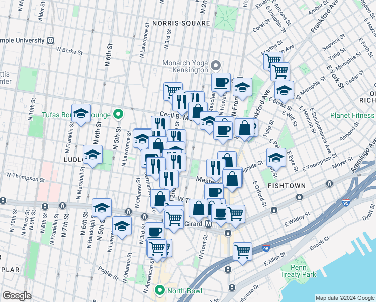 map of restaurants, bars, coffee shops, grocery stores, and more near 1501 Palethorp Street in Philadelphia