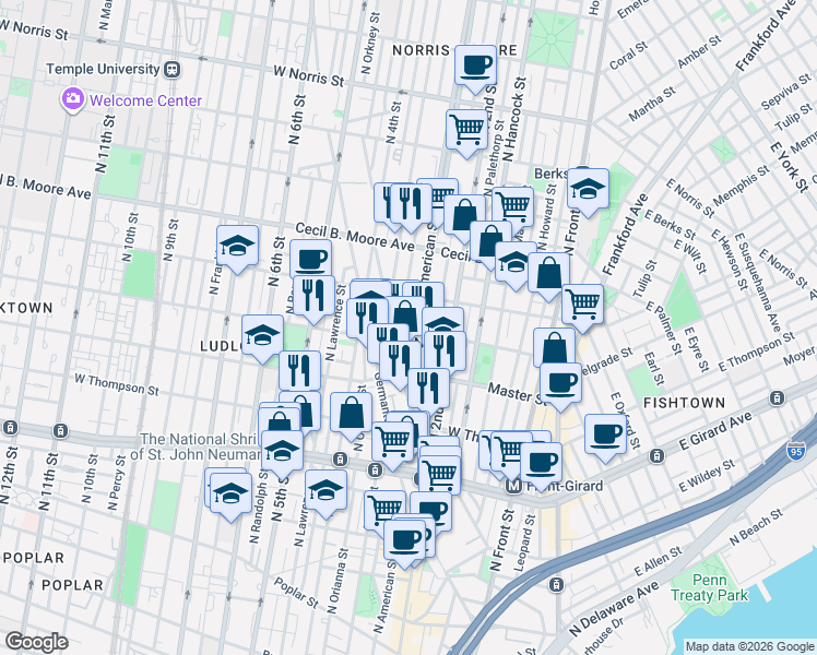 map of restaurants, bars, coffee shops, grocery stores, and more near 1432 Cadwallader Street in Philadelphia
