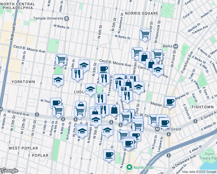 map of restaurants, bars, coffee shops, grocery stores, and more near 1435 North 5th Street in Philadelphia