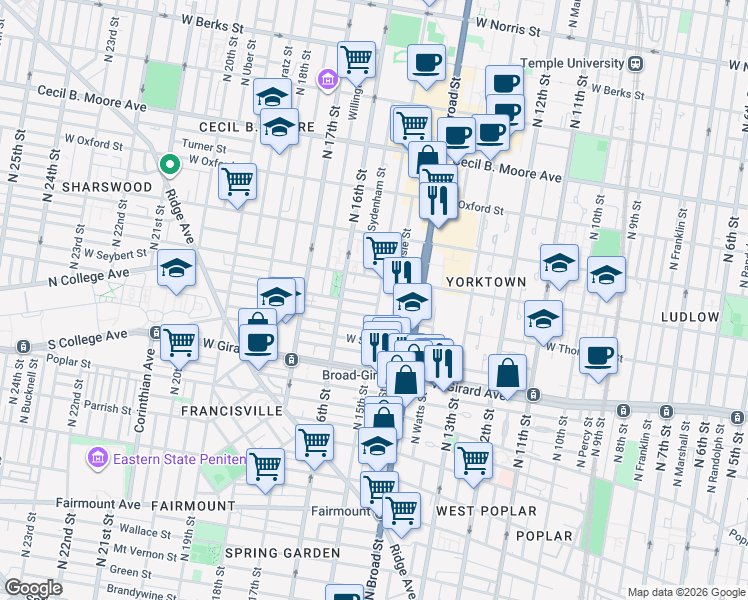 map of restaurants, bars, coffee shops, grocery stores, and more near 1303 North 15th Street in Philadelphia
