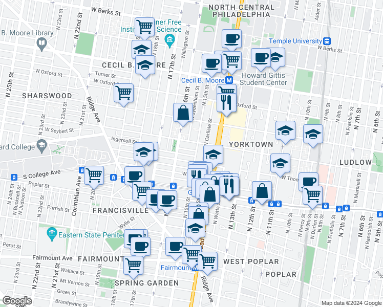 map of restaurants, bars, coffee shops, grocery stores, and more near 1303 North 15th Street in Philadelphia