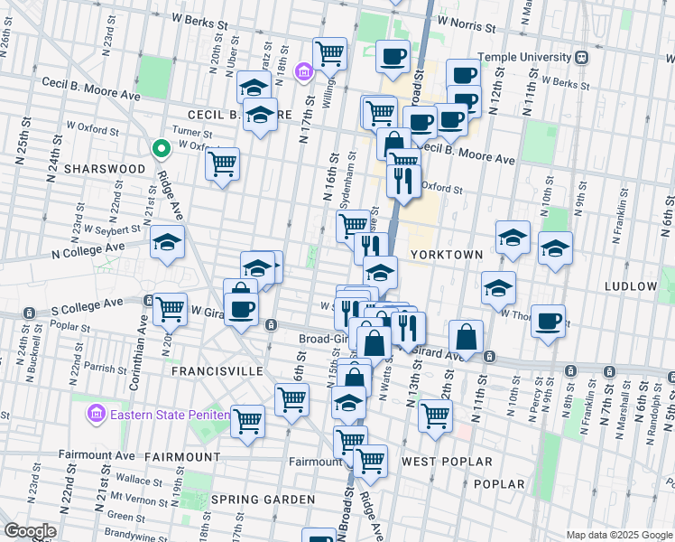 map of restaurants, bars, coffee shops, grocery stores, and more near 1303 North 15th Street in Philadelphia