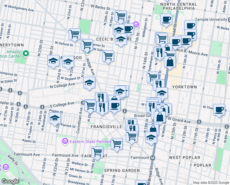 map of restaurants, bars, coffee shops, grocery stores, and more near 1700 West Thompson Street in Philadelphia