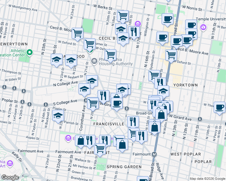map of restaurants, bars, coffee shops, grocery stores, and more near 1829 West Stiles Street in Philadelphia