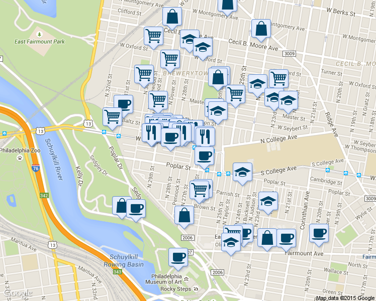 map of restaurants, bars, coffee shops, grocery stores, and more near 2728 Cambridge Street in Philadelphia