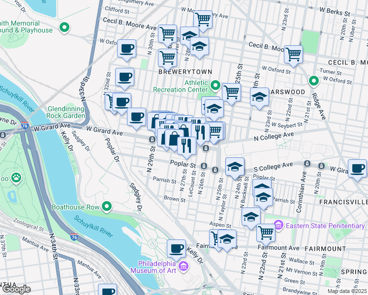 map of restaurants, bars, coffee shops, grocery stores, and more near in Philadelphia