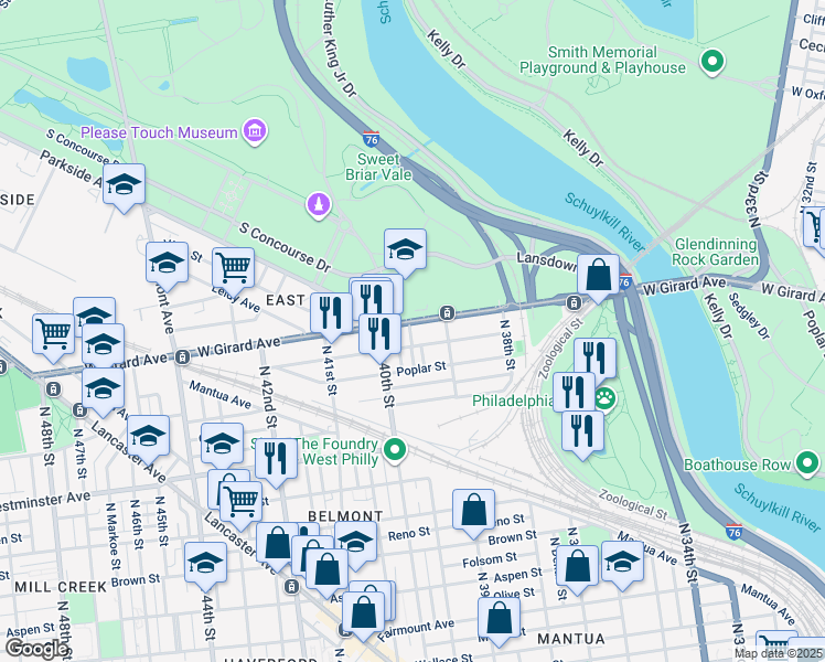 map of restaurants, bars, coffee shops, grocery stores, and more near 1129 State Street in Philadelphia