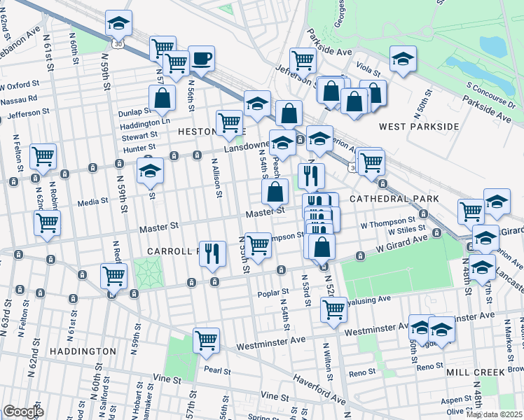 map of restaurants, bars, coffee shops, grocery stores, and more near 1328 North 54th Street in Philadelphia