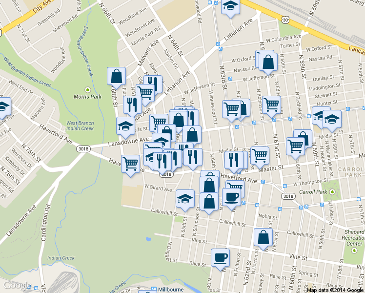 map of restaurants, bars, coffee shops, grocery stores, and more near 655 Kenmore Road in Philadelphia