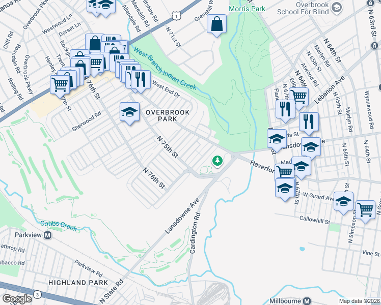 map of restaurants, bars, coffee shops, grocery stores, and more near 7474 Rhoads Street in Philadelphia