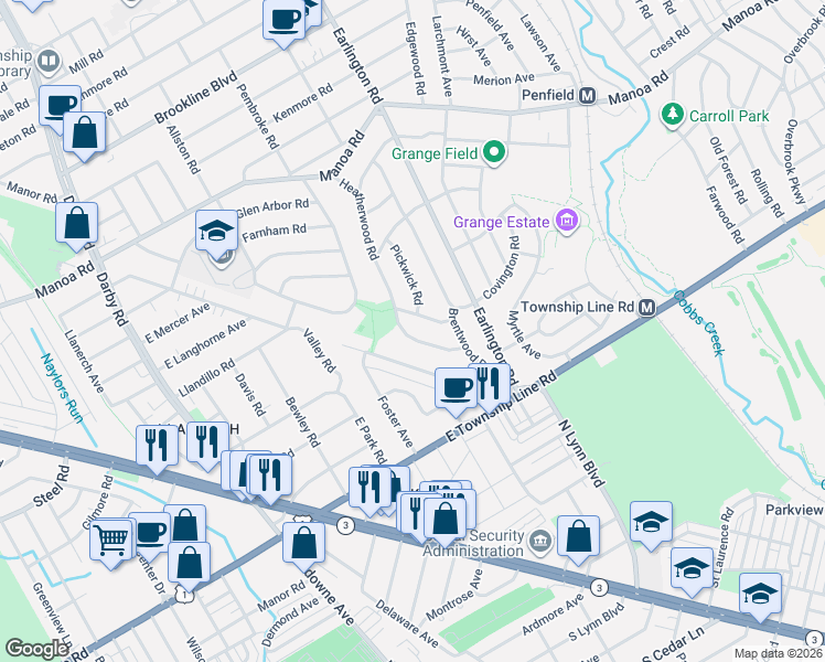 map of restaurants, bars, coffee shops, grocery stores, and more near 122 Heatherwood Road in Havertown
