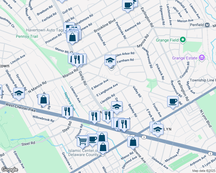 map of restaurants, bars, coffee shops, grocery stores, and more near 22 East Langhorne Avenue in Havertown