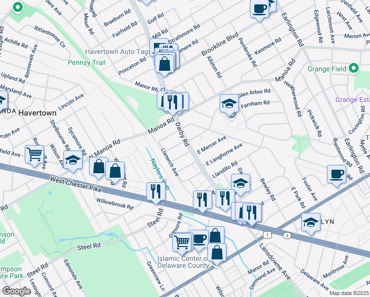 map of restaurants, bars, coffee shops, grocery stores, and more near in Delaware County