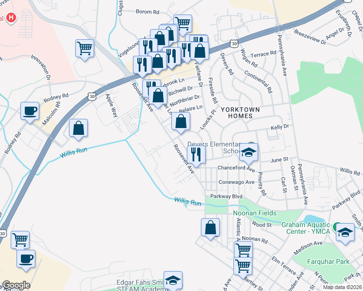 map of restaurants, bars, coffee shops, grocery stores, and more near 1072 Kelly Drive in York