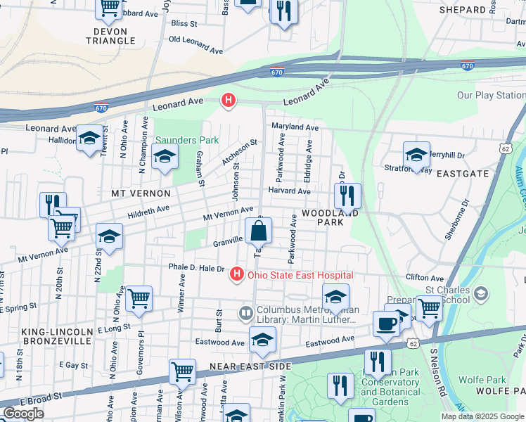 map of restaurants, bars, coffee shops, grocery stores, and more near 1560 Granville Street in Columbus
