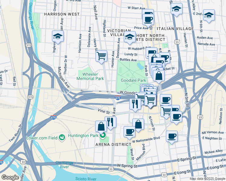 map of restaurants, bars, coffee shops, grocery stores, and more near 614 Hunter Avenue in Columbus