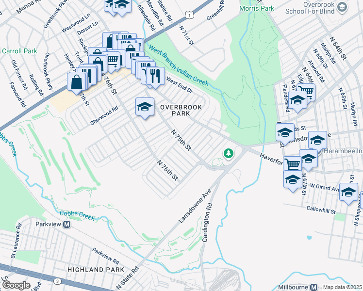 map of restaurants, bars, coffee shops, grocery stores, and more near 1353 Westbury Drive in Philadelphia