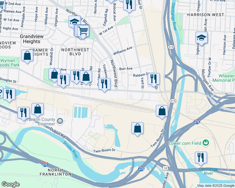 map of restaurants, bars, coffee shops, grocery stores, and more near 967 Goodale Boulevard in Columbus