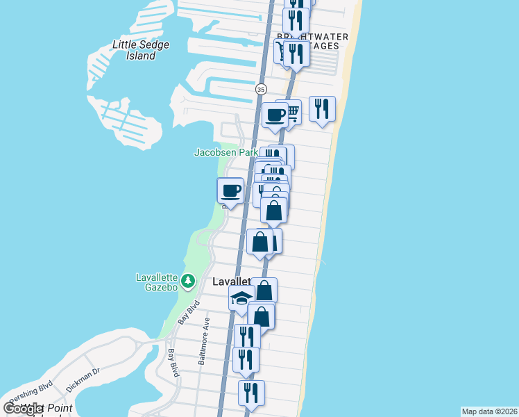 map of restaurants, bars, coffee shops, grocery stores, and more near 102 President Avenue in Lavallette